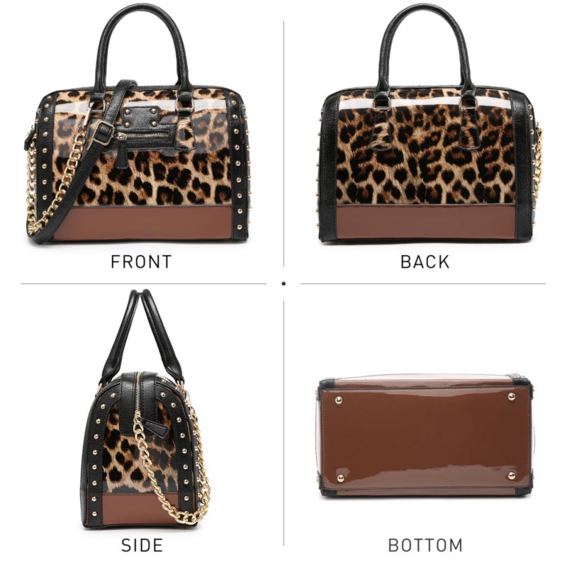 Dasein Women's Barrel Bag Shiny Patent Faux Leather Handbag with Rivet Decoration Top Handle Satchel Shoulder Purse (Large Leopard) - Image 3